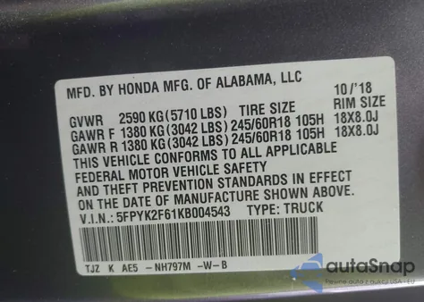 2019 Honda Ridgeline Rtl-T из США, поврежденный, VIN 5FPYK2F61KB004543